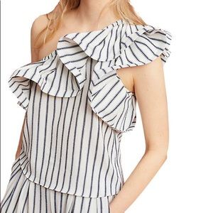 NWOT MISA Navy Striped & Ruffled One Shoulder Top